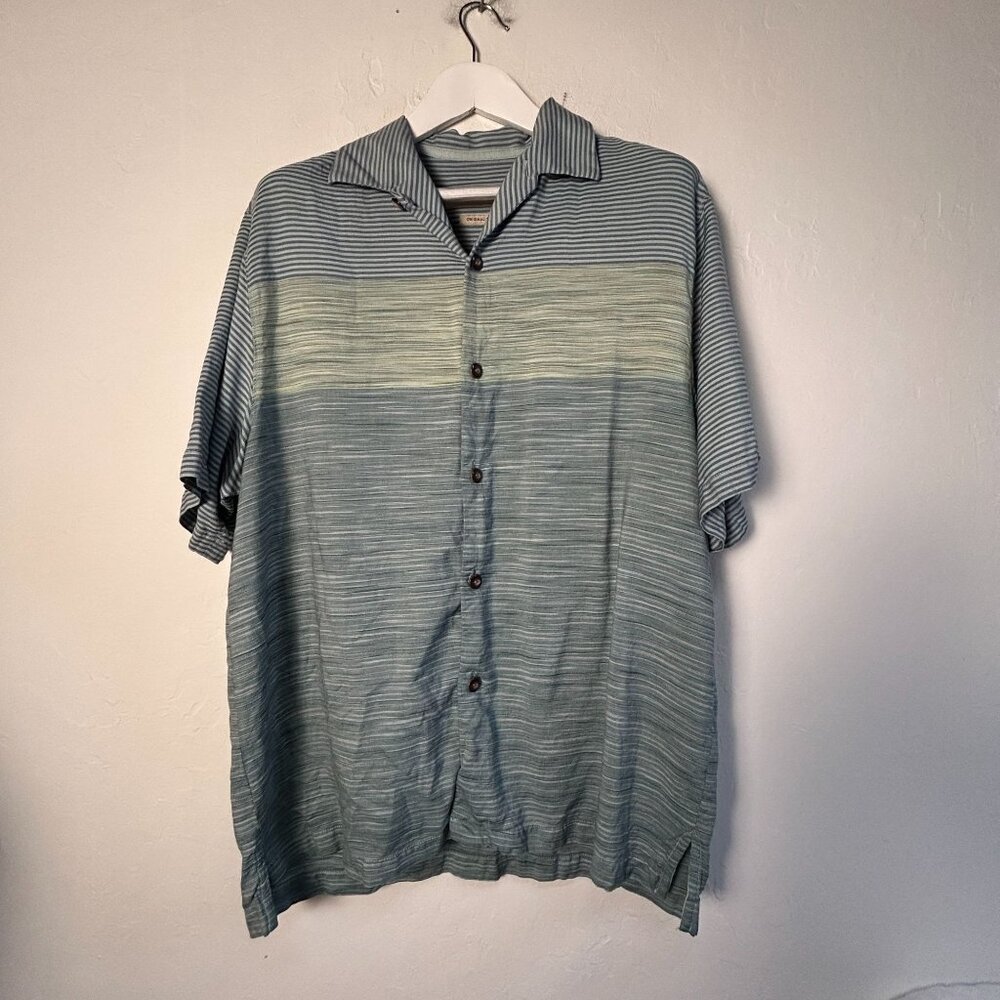Tommy Bahama Mens Blue-Green Striped Silk Button-Up Shirt Large Original Fit